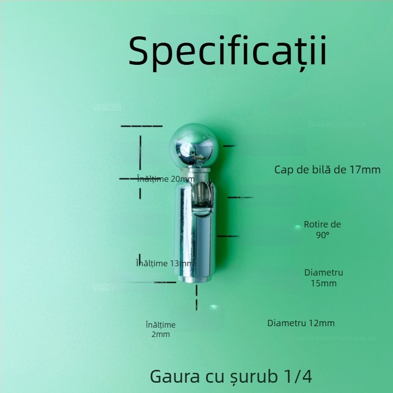 Cap de bilă universal metalic cu adaptor de 17 mm pentru trepied 1/4, montaj prin rotație, rotație verticală 90°, rotație orizontală 0°, greutate 0.006