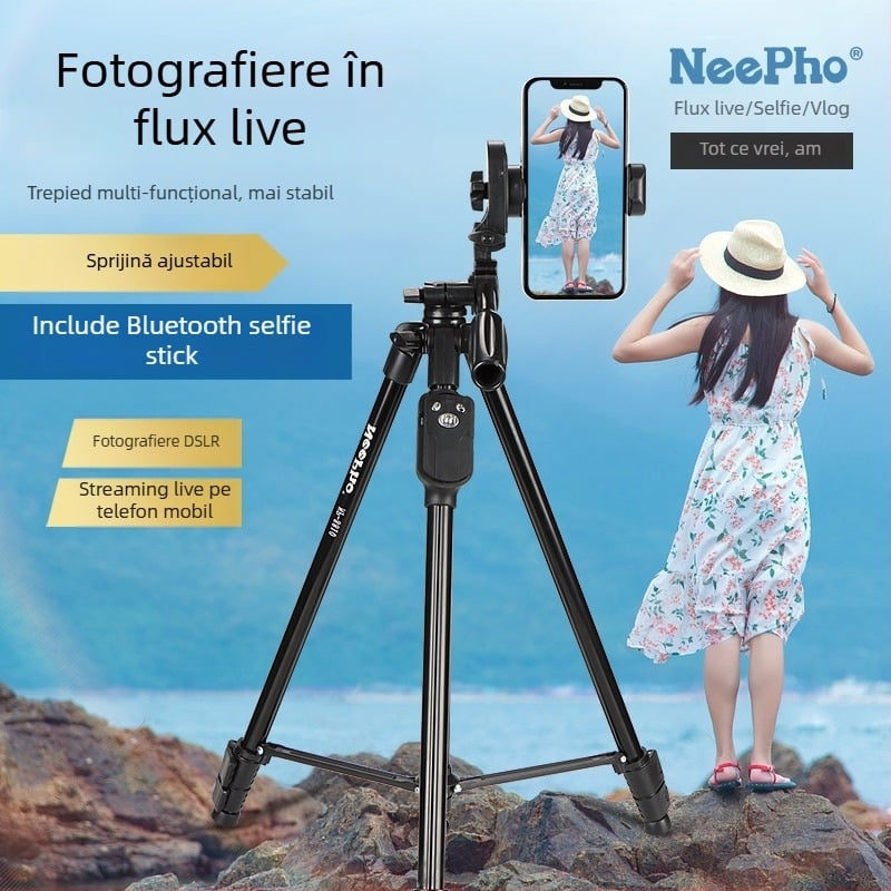 Trepied NP8810 cu 3D PTZ, aliaj de aluminiu, sarcină 6-10 kg, include clip pentru telefon