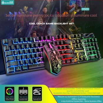 Set tastatură‑mouse cu taste luminoase plutitoare crăpate, 104 taste, cablu, model D500, rezistent la apă, iluminare multicoloră