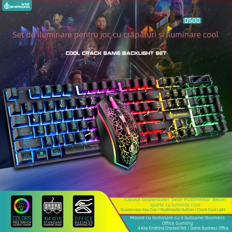 Set tastatură‑mouse cu taste luminoase plutitoare crăpate, 104 taste, cablu, model D500, rezistent la apă, iluminare multicoloră
