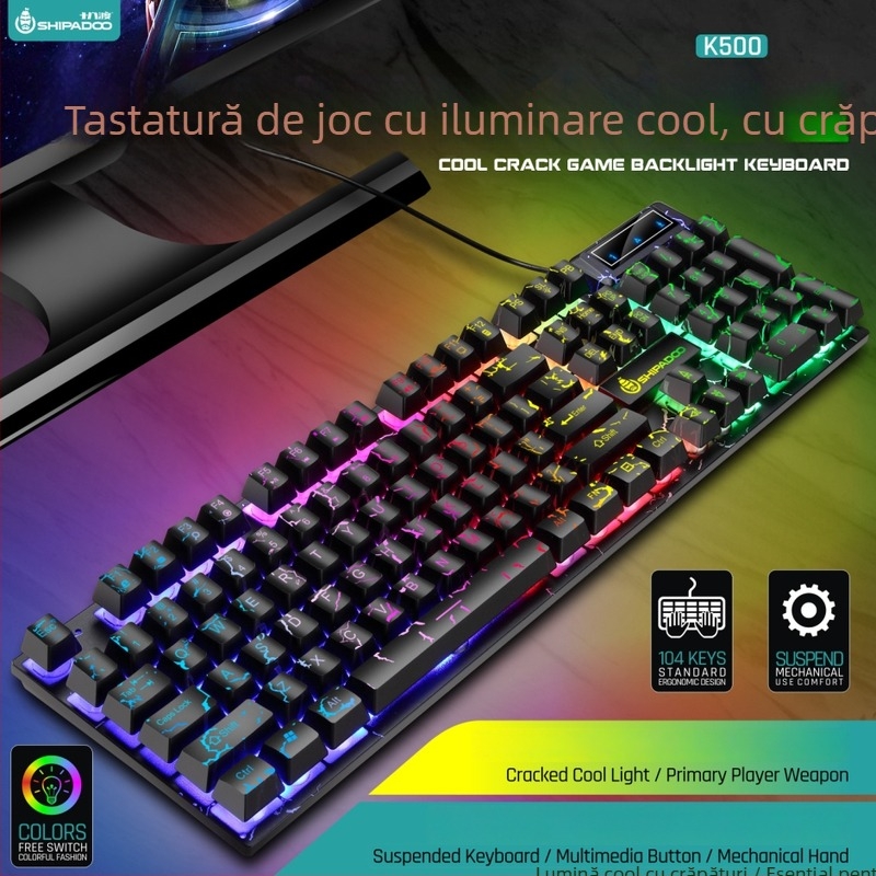 Set tastatură‑mouse cu taste luminoase plutitoare crăpate, 104 taste, cablu, model D500, rezistent la apă, iluminare multicoloră