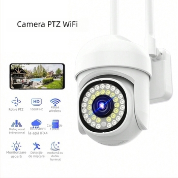 Cameră PTZ pentru exterior cu rotație orizontală de 360°, înclinare verticală de 90°, limită de rotație 355°, alimentare DC 5V, carcasă ABS