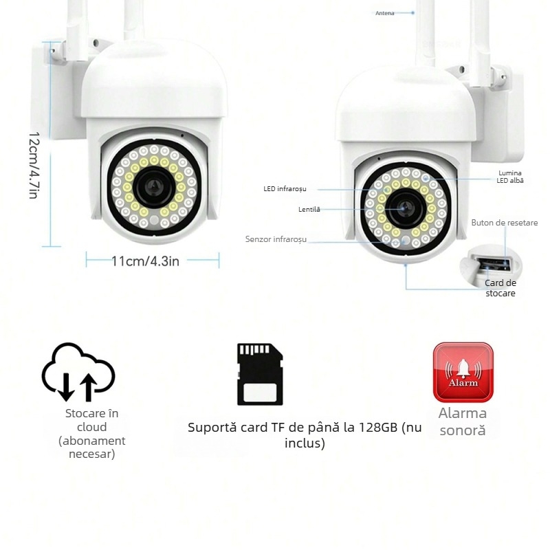 Cameră PTZ pentru exterior cu rotație orizontală de 360°, înclinare verticală de 90°, limită de rotație 355°, alimentare DC 5V, carcasă ABS