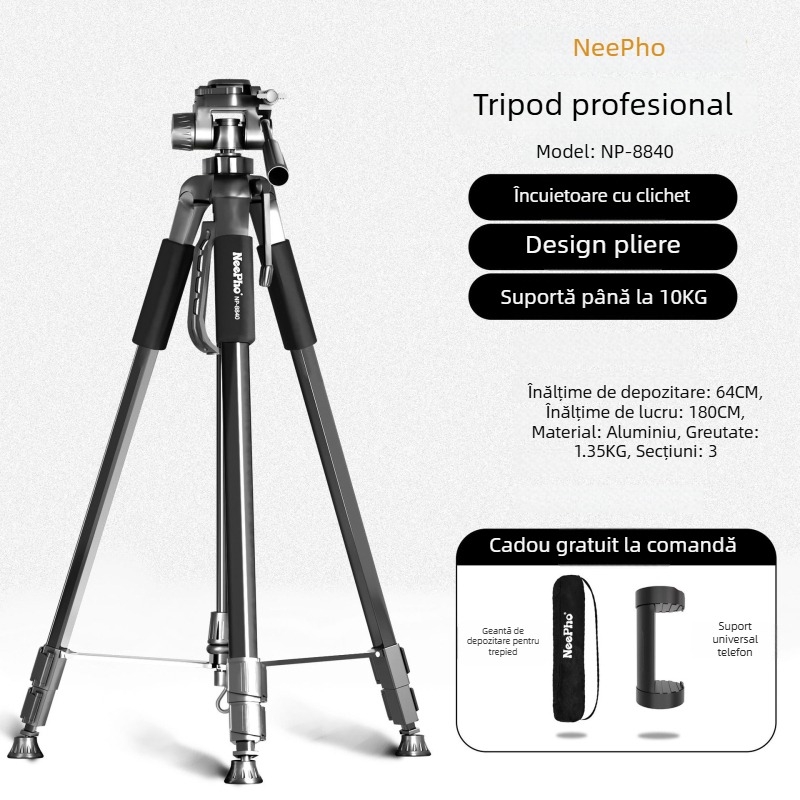 Tripod pentru telefon cu stabilizator pe 3 axe pentru fotografie și streaming în aer liber – aliaj de aluminiu, 4 secțiuni, sarcină 6-10 kg, greutate 1,27 kg