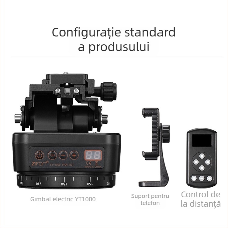 Stabilizator pan-tilt electric, 360°, cu telecomandă, pentru telefon mobil și DSLR — corp din aliaj de aluminiu, rotație orizontală 360°, rotație verticală 70°, suport pentru telefon.