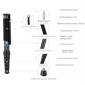 Monopod P306A de la BEXIN, aliaj de aluminiu, capacitate de încărcare 6-10 kg