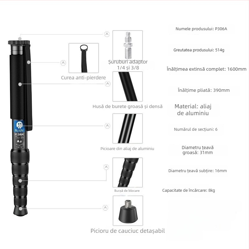 Monopod P306A de la BEXIN, aliaj de aluminiu, capacitate de încărcare 6-10 kg