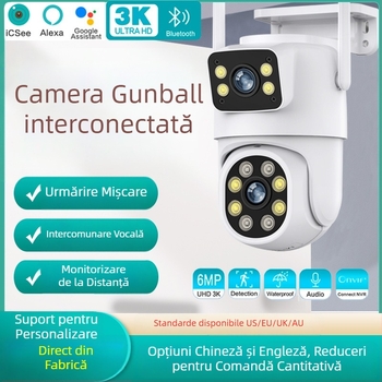 Cameră PTZ WiFi cu lentile duale, pentru interior/exterior – imagine de înaltă definiție, iluminare minimă 0.001 lx, SNR >44 dB, alimentare 12V, compensare a luminii de fundal, funcție de alarmă