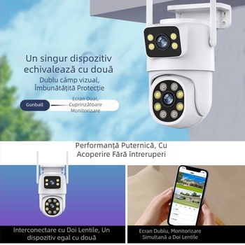 Cameră PTZ WiFi cu lentile duale, pentru interior/exterior – imagine de înaltă definiție, iluminare minimă 0.001 lx, SNR >44 dB, alimentare 12V, compensare a luminii de fundal, funcție de alarmă