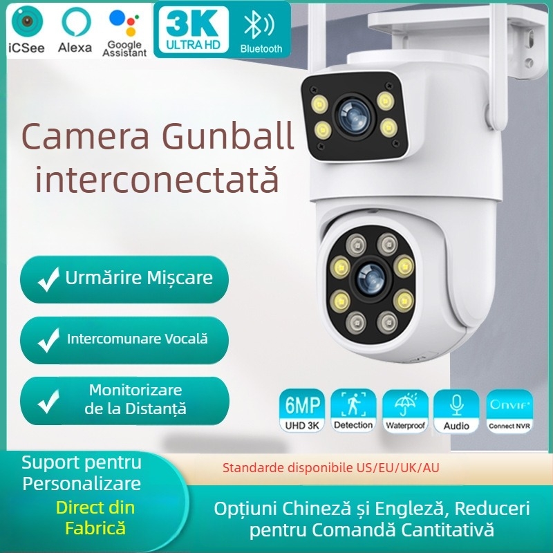 Cameră PTZ WiFi cu lentile duale, pentru interior/exterior – imagine de înaltă definiție, iluminare minimă 0.001 lx, SNR >44 dB, alimentare 12V, compensare a luminii de fundal, funcție de alarmă