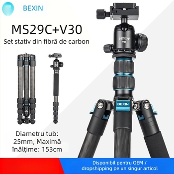 Trepied pentru Cameră fără Oglindă și Telefon - fibră de carbon, 5 secțiuni, pan-tilt sferic, încărcătură 6–10 kg, placă de eliberare rapidă inclusă