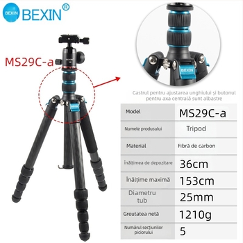 Trepied pentru Cameră fără Oglindă și Telefon - fibră de carbon, 5 secțiuni, pan-tilt sferic, încărcătură 6–10 kg, placă de eliberare rapidă inclusă