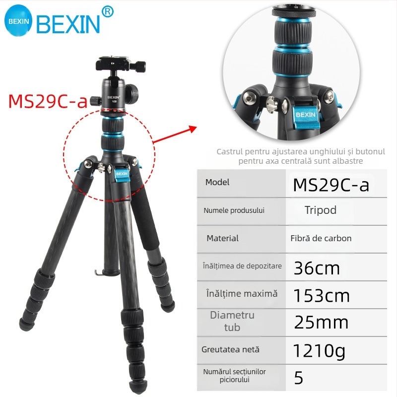 Trepied pentru Cameră fără Oglindă și Telefon - fibră de carbon, 5 secțiuni, pan-tilt sferic, încărcătură 6–10 kg, placă de eliberare rapidă inclusă