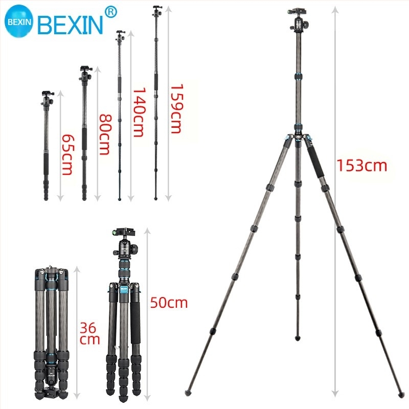 Trepied pentru Cameră fără Oglindă și Telefon - fibră de carbon, 5 secțiuni, pan-tilt sferic, încărcătură 6–10 kg, placă de eliberare rapidă inclusă