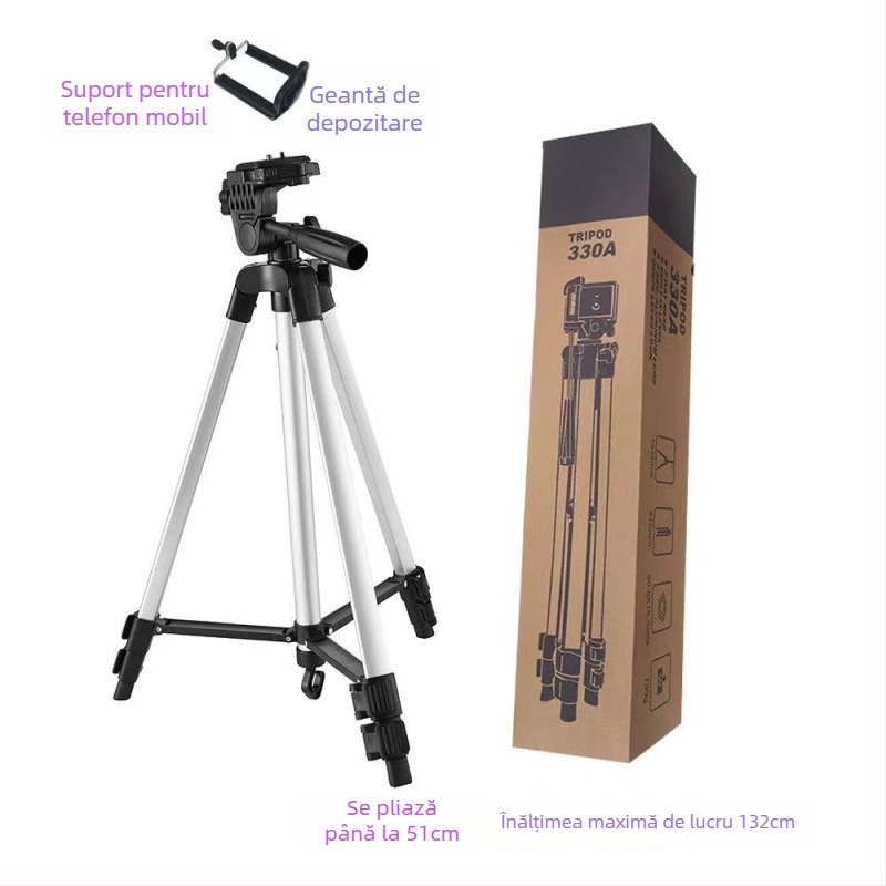 Trepied pentru cameră 330A, cap PTZ 3D, aliaj de aluminiu, 3 segmente, placă de eliberare rapidă, sarcină 2–5 kg, greutate 0,55 kg