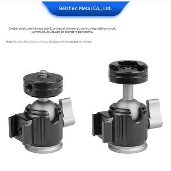 Cap de bilă universal din metal cu două suporturi de pantof rece pentru vlog, telefon mobil și DSLR - șurub 1/4", aliaj de aluminiu, rotație orizontală 360°, verticală 90°, greutate 85 g