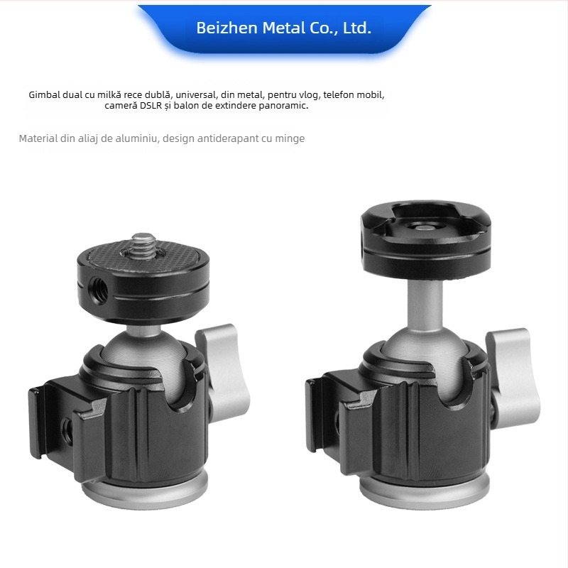 Cap de bilă universal din metal cu două suporturi de pantof rece pentru vlog, telefon mobil și DSLR - șurub 1/4", aliaj de aluminiu, rotație orizontală 360°, verticală 90°, greutate 85 g