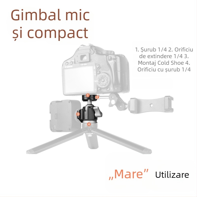 Cap de bilă universal din metal cu două suporturi de pantof rece pentru vlog, telefon mobil și DSLR - șurub 1/4", aliaj de aluminiu, rotație orizontală 360°, verticală 90°, greutate 85 g