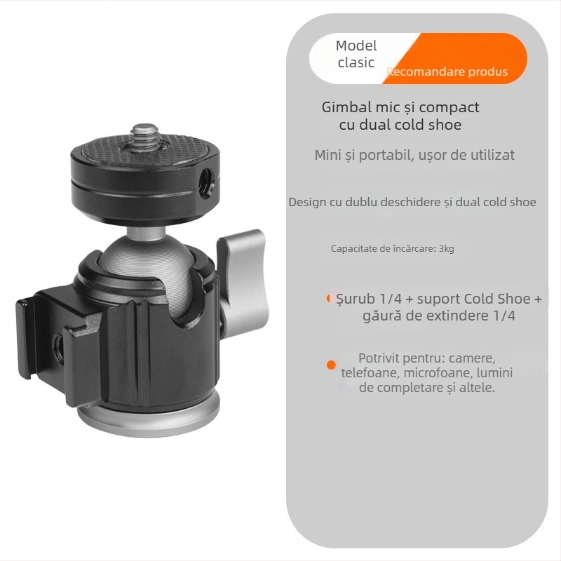 Cap de bilă universal din metal cu două suporturi de pantof rece pentru vlog, telefon mobil și DSLR - șurub 1/4", aliaj de aluminiu, rotație orizontală 360°, verticală 90°, greutate 85 g