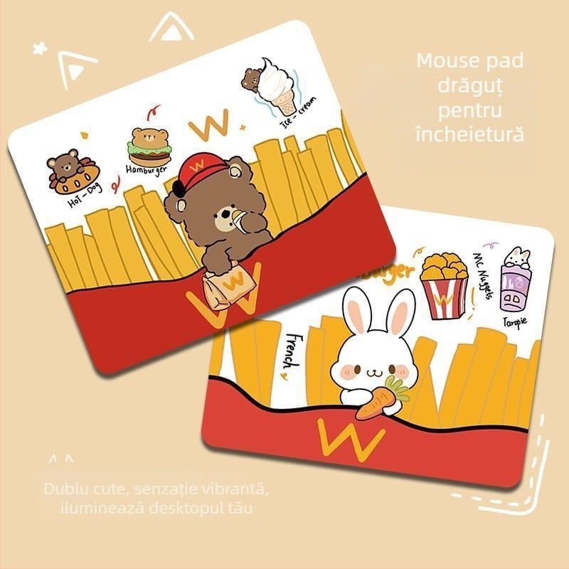 Covoraș de masă pentru birou cu design ursuleț și cartofi prăjiți, cauciuc natural, anti-derapant, imprimare prin transfer termic, pe o singură parte