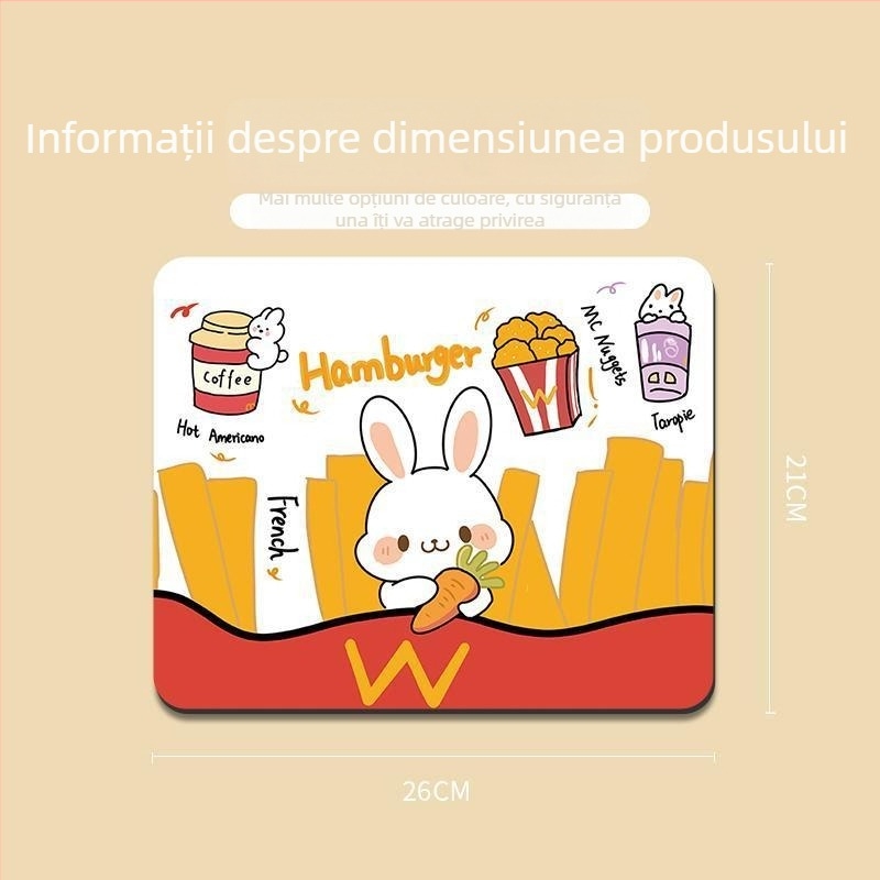 Covoraș de masă pentru birou cu design ursuleț și cartofi prăjiți, cauciuc natural, anti-derapant, imprimare prin transfer termic, pe o singură parte