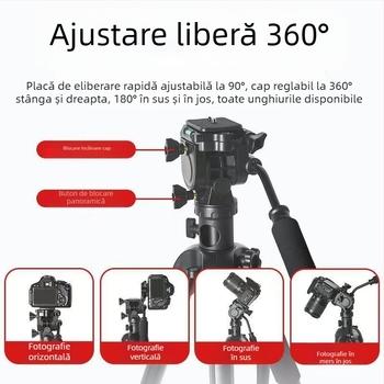 TP50HZ Trepied pentru camere cu amortizare hidraulică, cap pan-tilt 3D, portabil pentru exterior; compatibil cu Sony/Canon fără oglindă; aliaj de aluminiu; 4 secțiuni; sarcină 2–5 kg; placă cu eliberare rapidă.