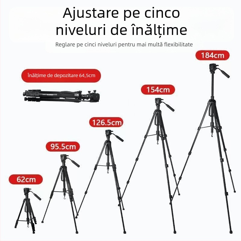 TP50HZ Trepied pentru camere cu amortizare hidraulică, cap pan-tilt 3D, portabil pentru exterior; compatibil cu Sony/Canon fără oglindă; aliaj de aluminiu; 4 secțiuni; sarcină 2–5 kg; placă cu eliberare rapidă.