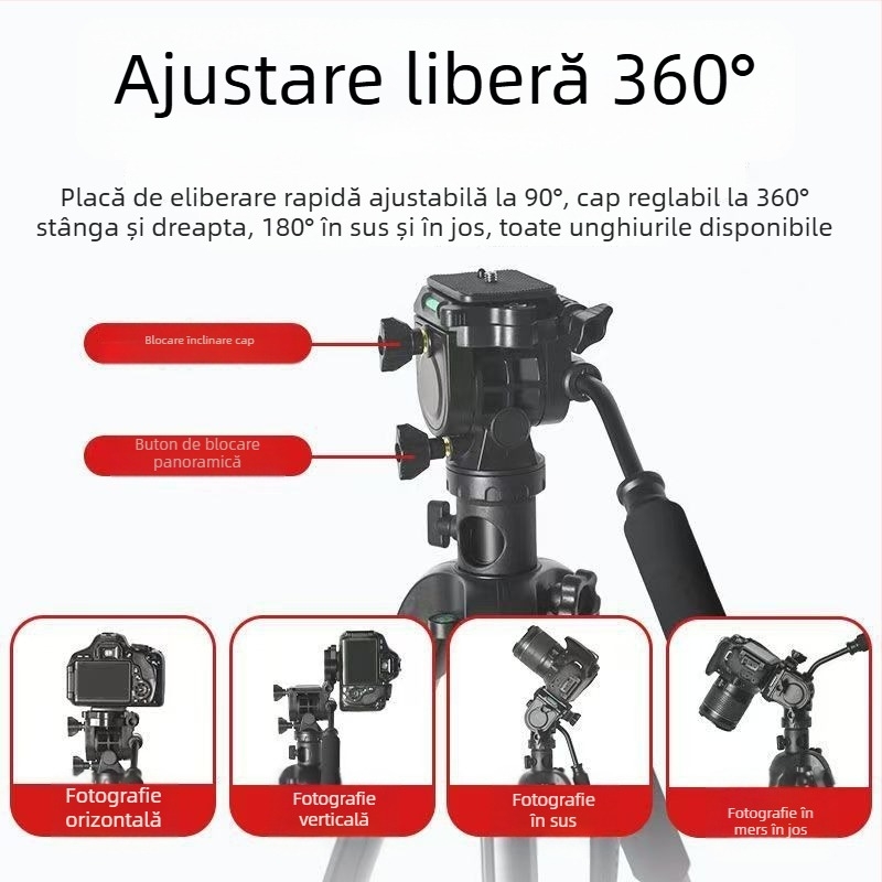 TP50HZ Trepied pentru camere cu amortizare hidraulică, cap pan-tilt 3D, portabil pentru exterior; compatibil cu Sony/Canon fără oglindă; aliaj de aluminiu; 4 secțiuni; sarcină 2–5 kg; placă cu eliberare rapidă.