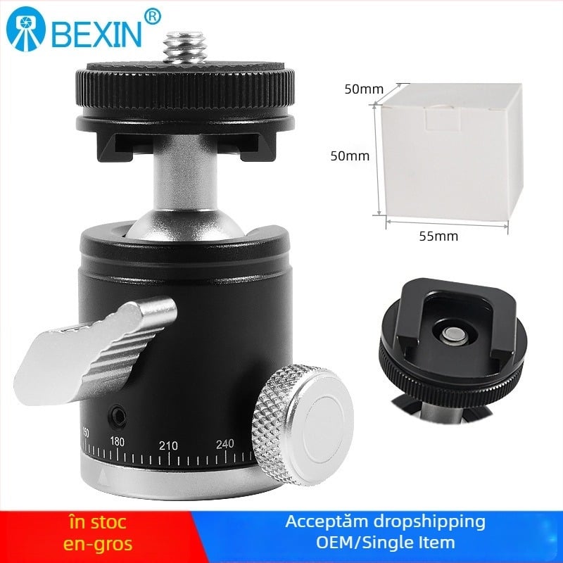 Trepied mini sferic pentru cameră cu suport pentru telefon și microfon pentru streaming live – rotire orizontală 360°, înclinare verticală 90°, greutate 0,1 kg, compatibil universal, material K-19