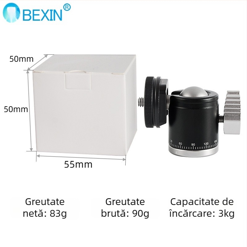 Trepied mini sferic pentru cameră cu suport pentru telefon și microfon pentru streaming live – rotire orizontală 360°, înclinare verticală 90°, greutate 0,1 kg, compatibil universal, material K-19