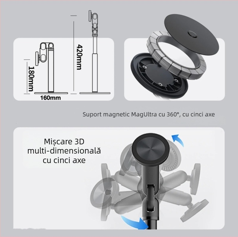Suport pentru filmare de sus cu braț rotativ, ridicator și telescopic pentru telefoane și tablete, metal, MagSafe suport, antișoc