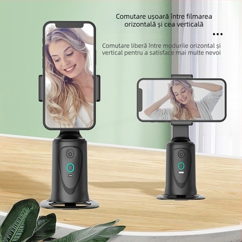 Q9 Gimbal inteligent pentru telefon – Rotire horizontală 360°, Rotire verticală 180°, Urmărire facială, Stabilizator pentru streaming live, Suport de masă