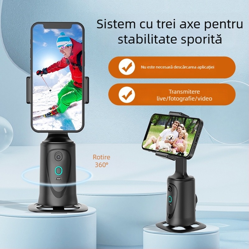 Q9 Gimbal inteligent pentru telefon – Rotire horizontală 360°, Rotire verticală 180°, Urmărire facială, Stabilizator pentru streaming live, Suport de masă