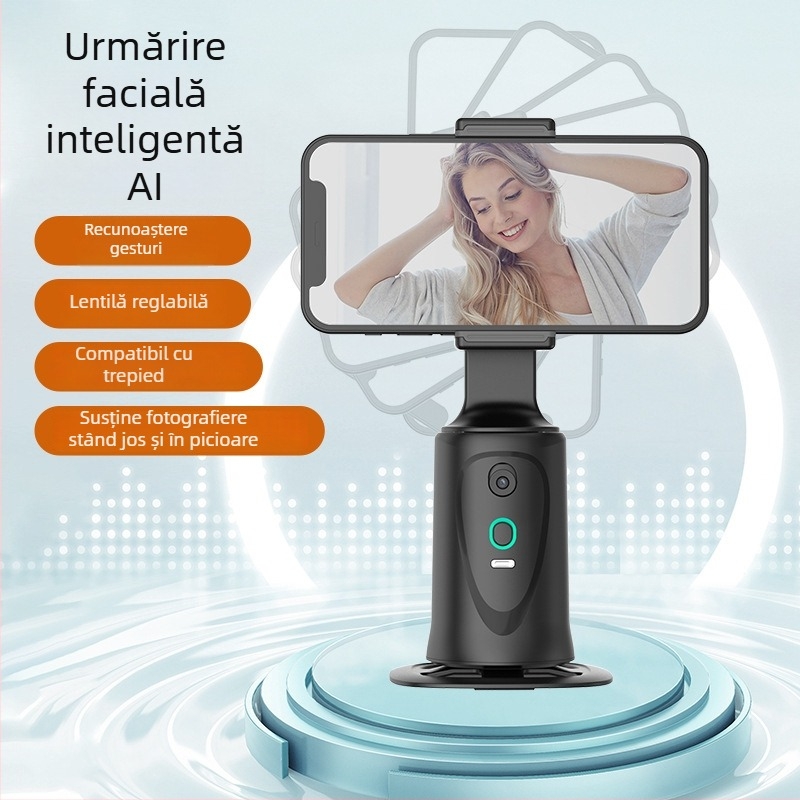 Q9 Gimbal inteligent pentru telefon – Rotire horizontală 360°, Rotire verticală 180°, Urmărire facială, Stabilizator pentru streaming live, Suport de masă