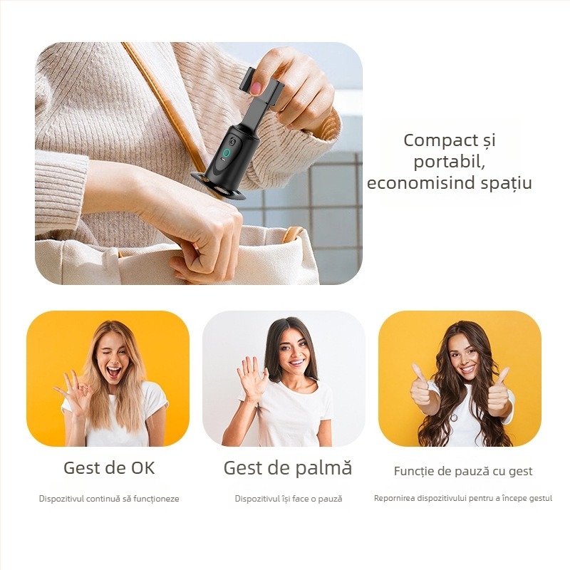 Q9 Gimbal inteligent pentru telefon – Rotire horizontală 360°, Rotire verticală 180°, Urmărire facială, Stabilizator pentru streaming live, Suport de masă