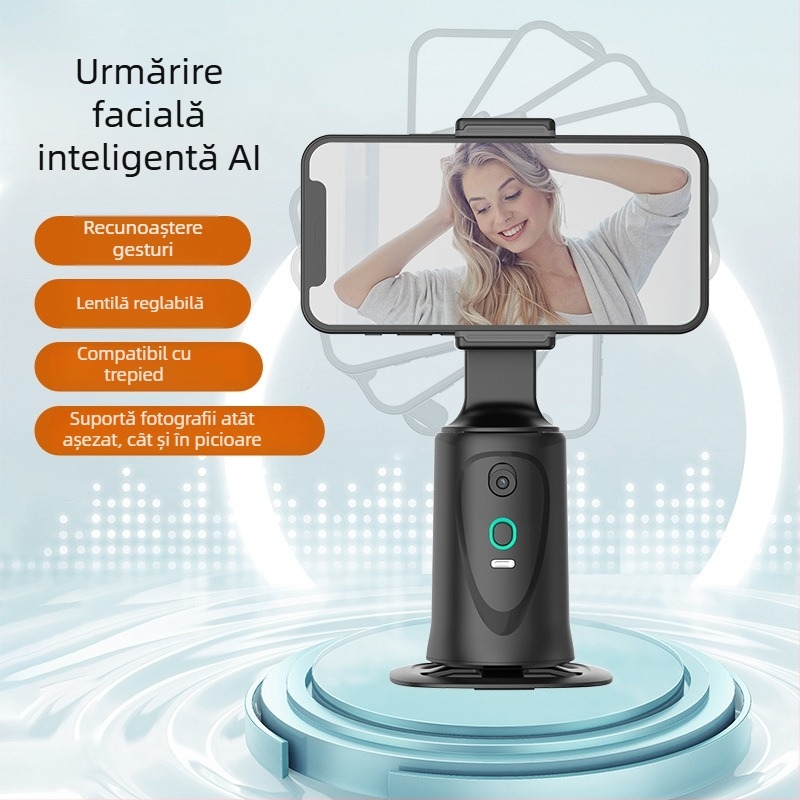 Q9 Gimbal inteligent pentru telefon – Rotire horizontală 360°, Rotire verticală 180°, Urmărire facială, Stabilizator pentru streaming live, Suport de masă