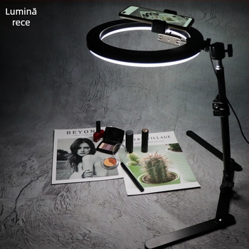 Stativ desktop pentru telefon pentru streaming live și fotografiere de sus a bijuteriilor, metal, încărcare 1 kg, înălțime 28–45 cm, tub 16–19 mm, 2 secțiuni