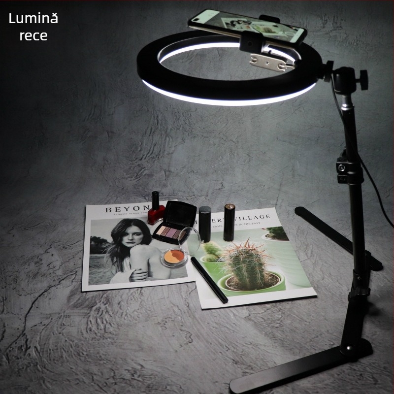 Stativ desktop pentru telefon pentru streaming live și fotografiere de sus a bijuteriilor, metal, încărcare 1 kg, înălțime 28–45 cm, tub 16–19 mm, 2 secțiuni