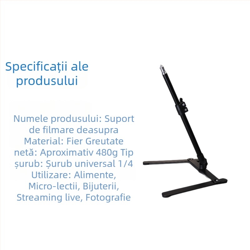 Stativ desktop pentru telefon pentru streaming live și fotografiere de sus a bijuteriilor, metal, încărcare 1 kg, înălțime 28–45 cm, tub 16–19 mm, 2 secțiuni