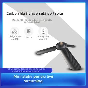 Trepied de birou din fibră de carbon pentru DSLR și smartphone – 35 cm înălțime de lucru, diametru tub 25 mm, o singură secțiune, înălțime pliere 75 cm