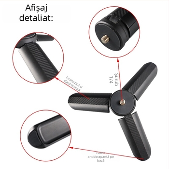 Trepied de birou din fibră de carbon pentru DSLR și smartphone – 35 cm înălțime de lucru, diametru tub 25 mm, o singură secțiune, înălțime pliere 75 cm
