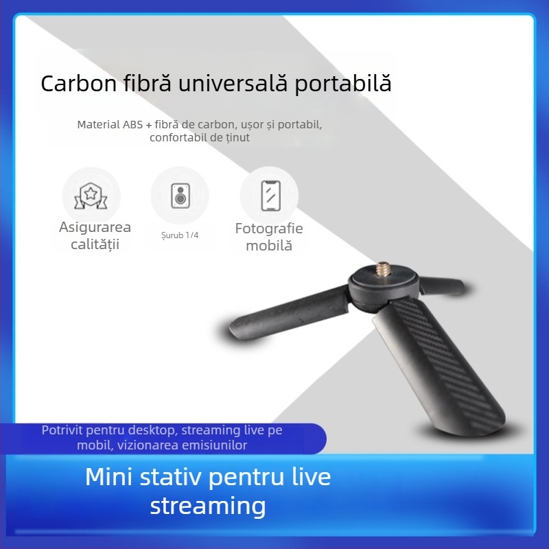 Trepied de birou din fibră de carbon pentru DSLR și smartphone – 35 cm înălțime de lucru, diametru tub 25 mm, o singură secțiune, înălțime pliere 75 cm