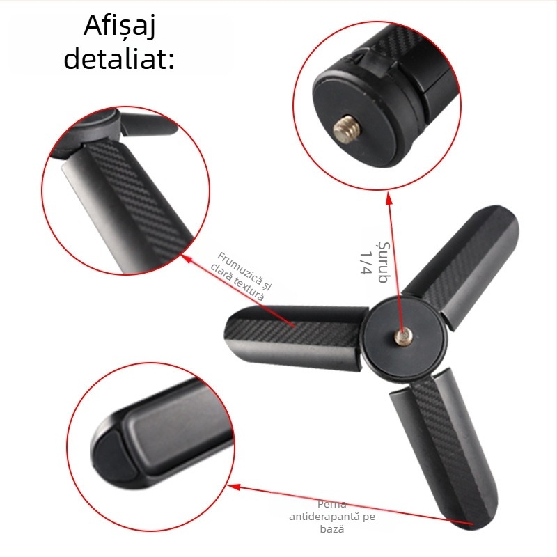 Trepied de birou din fibră de carbon pentru DSLR și smartphone – 35 cm înălțime de lucru, diametru tub 25 mm, o singură secțiune, înălțime pliere 75 cm