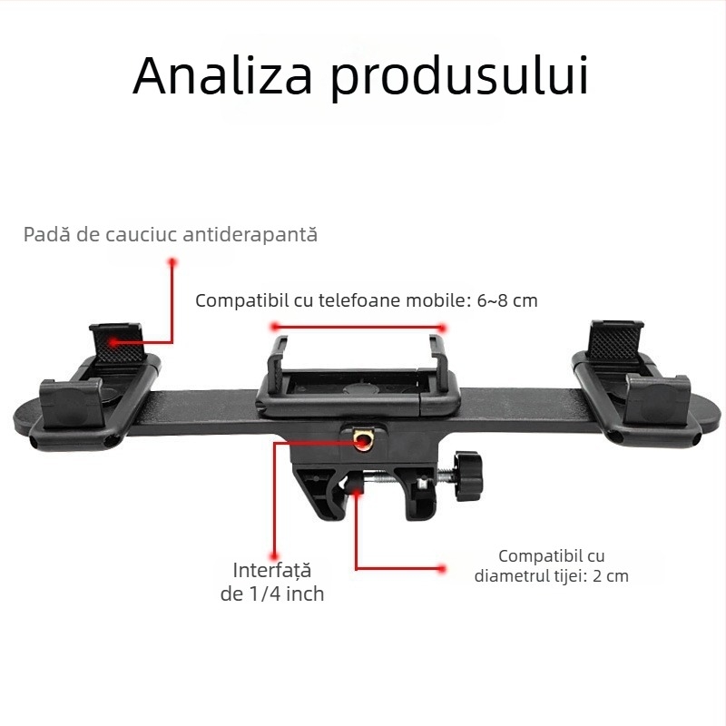 Set cap de trepied pentru telefonul mobil, cu montură reglabilă în trei poziții și clips supliment pentru cameră; plastic ABS; încărcare maximă 2–5 kg