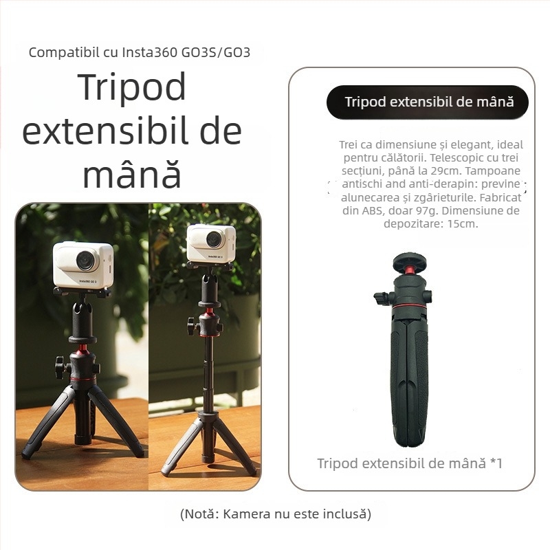 Trepied pentru Insta360 GO3S/GO3 – selfie stick de mână cu 3 secțiuni, ABS/aluminiu, încărcare până la 2 kg, înregistrare stabilă