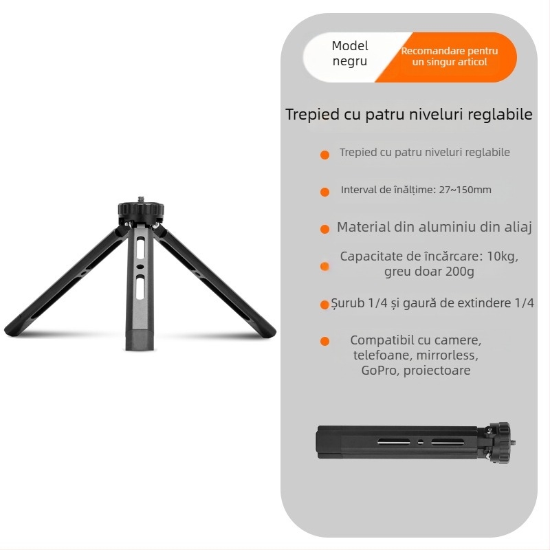 Tripod pentru cameră cu reglaj în patru etape, construcție din aliaj de aluminiu, capacitate de încărcare 6–10 kg, greutate 0,2 kg