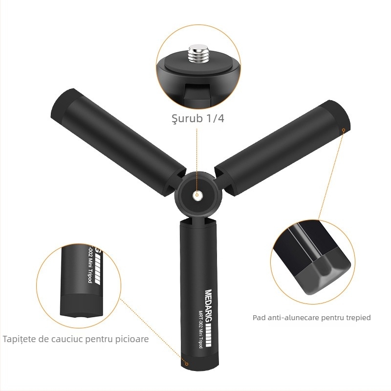 Medarig Trepied desktop mini Pocket3 din aluminiu pentru telefon mobil, 1 secțiune, încărcare 0-3 kg, greutate 124 g, MRT002 + MRP001