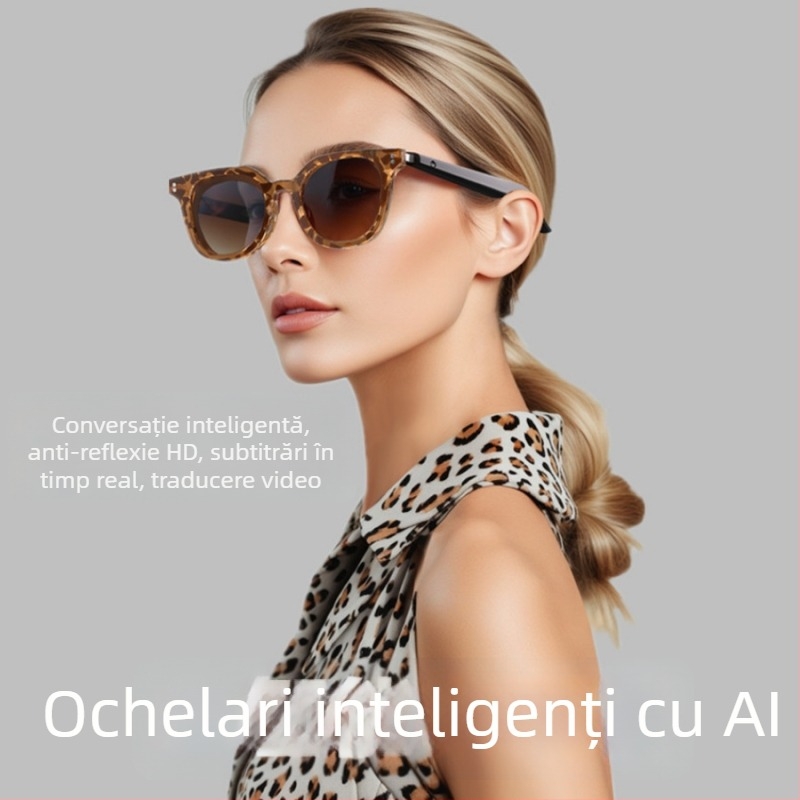 Ochelari Bluetooth inteligenți cu traducere AI și căști încorporate, ochelari de soare cu ramă leopard, sunet wireless (Bluetooth 5.0; rază 10 m; autonomie 4–8 ore; modul handsfree în mașină; rezistență la apă zilnică)