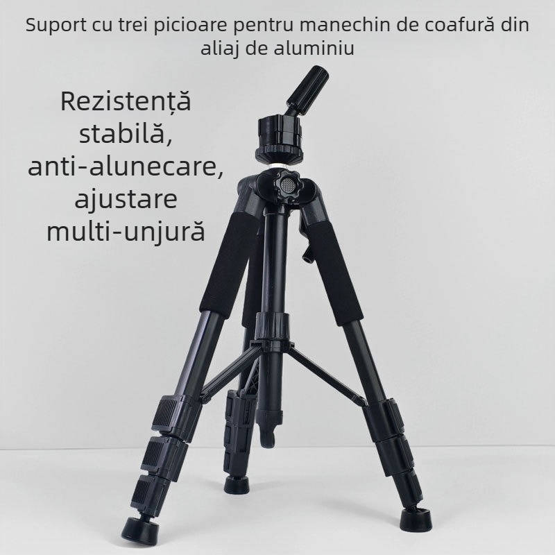 Trepied pentru cap de manechin pentru peruci, aliaj de aluminiu, 4 secțiuni, pan/tilt din plastic, sarcină 2–5 kg