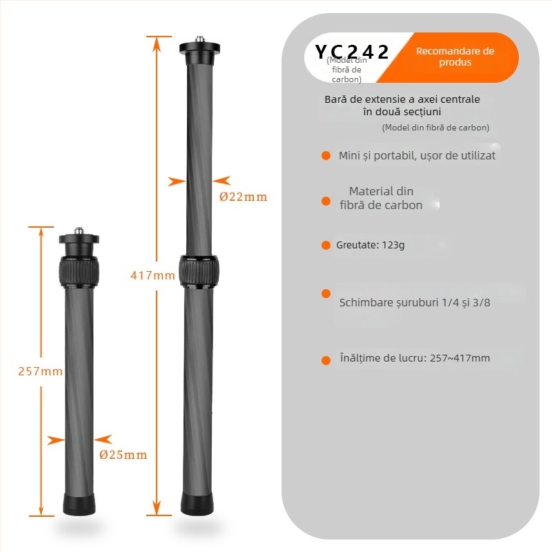 Monopod stabilizator cu axă centrală extinsă pentru cameră mirrorless și telefon - fibră de carbon, universal, personalizabil